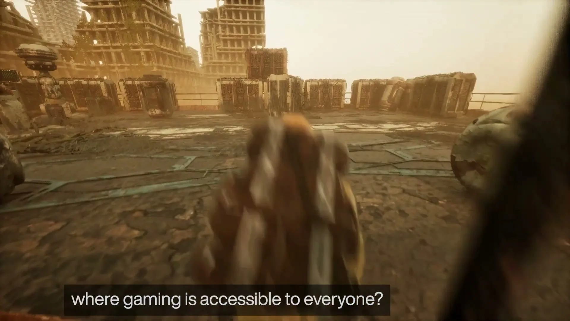 A first-person perspective of a character in a post-apocalyptic video game, running forward through a ruined city under a hazy sky.