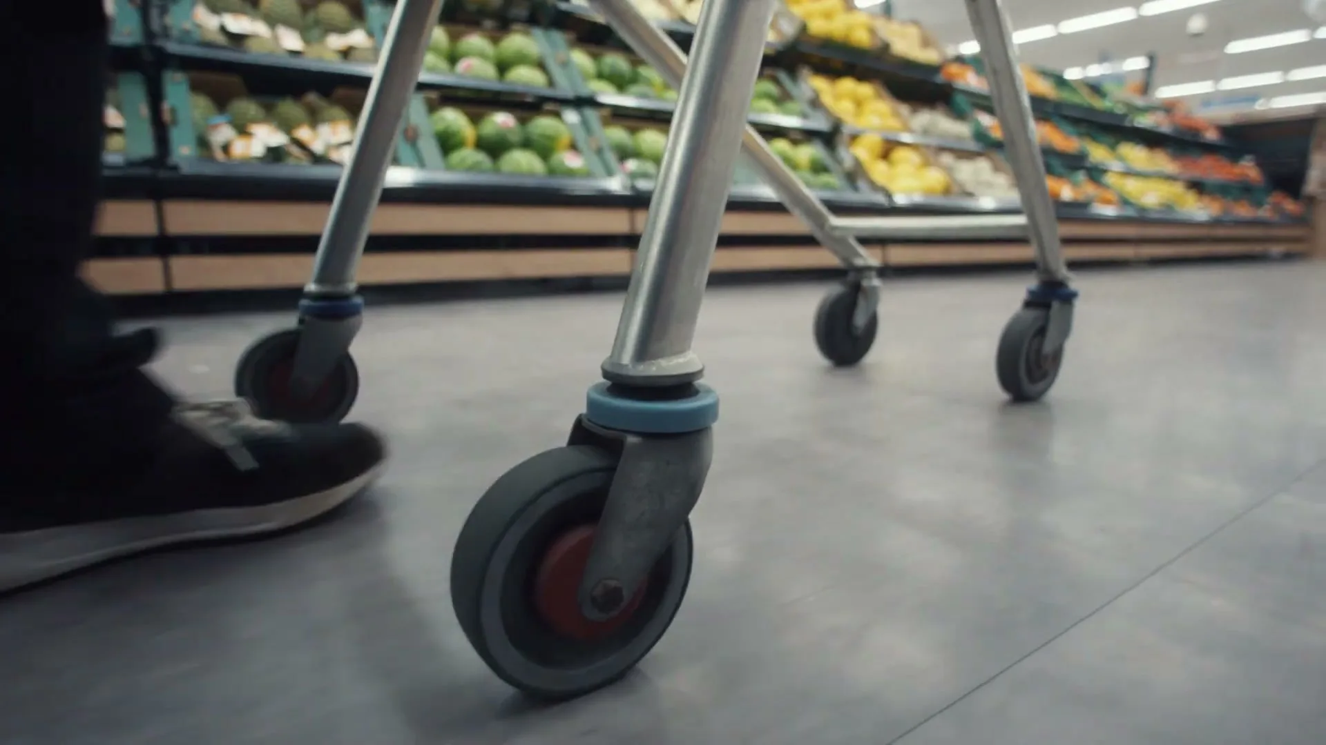 A person's foot in a black sneaker pushes a shopping cart across a grocery store aisle, with produce shelves visible in the background.