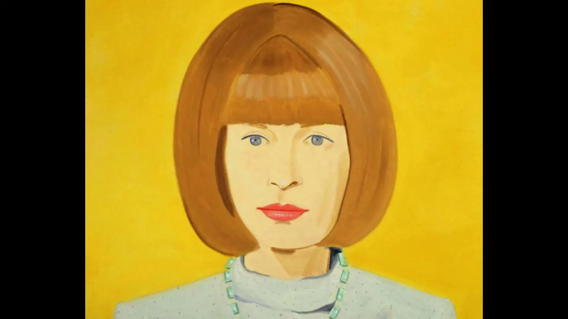 A stylized painting of a woman with a bob haircut and red lipstick is shown against a yellow background.