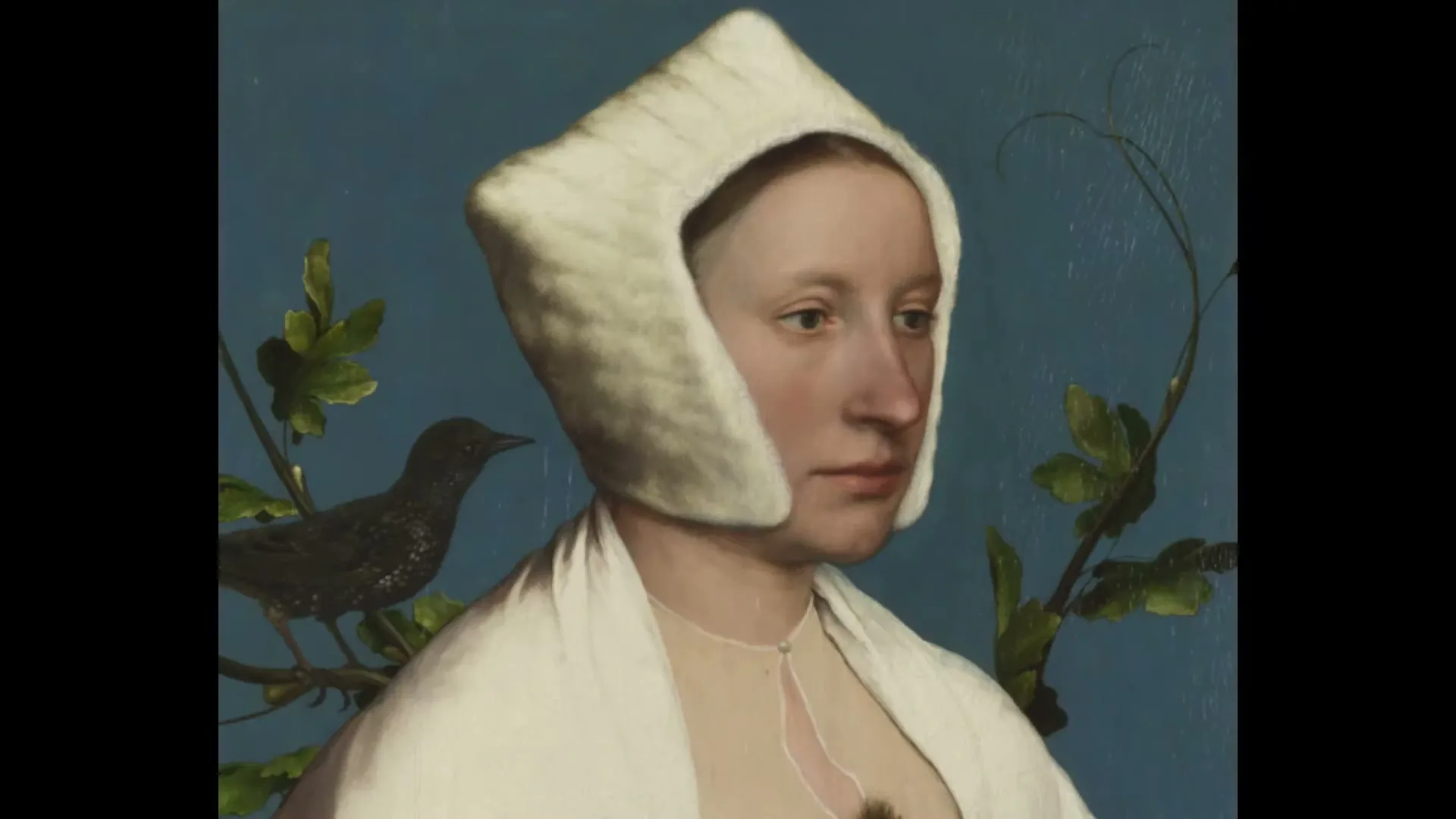 A painted portrait of a woman in a white bonnet and shawl, with a bird and leaves in the background, is shown.