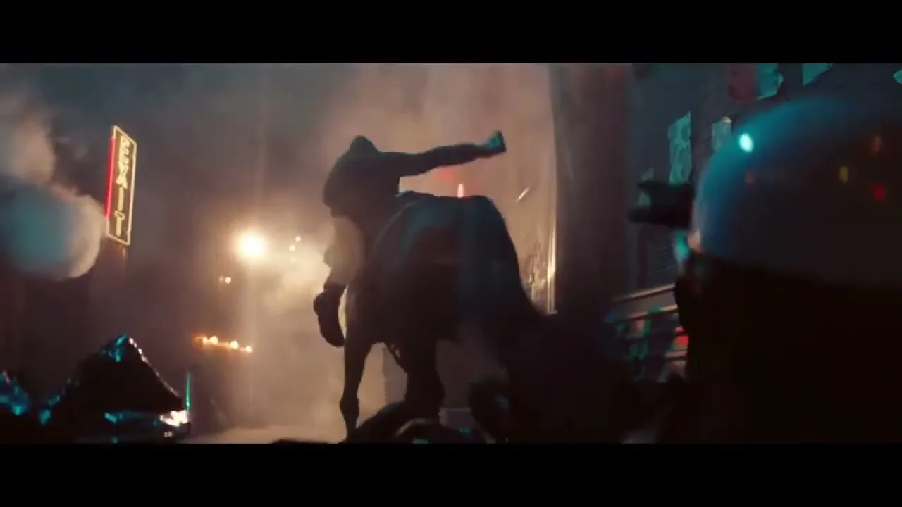 A person in a racing suit and helmet struggles to mount a horse in a smoky, neon-lit alleyway at night.
