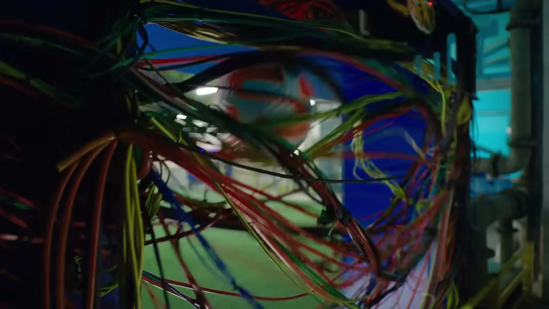 A close-up shot of a tangled mess of colorful wires, with a blurry soccer ball visible through them, in a brightly lit, futuristic-looking room.