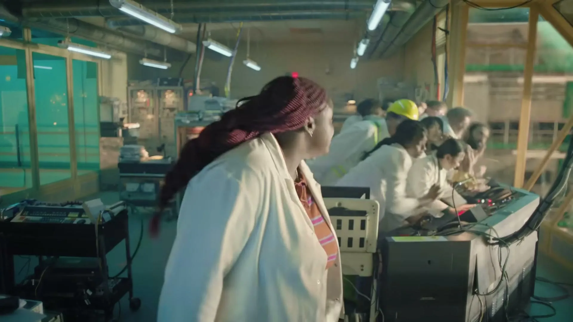 A diverse group of scientists and technicians in lab coats and hard hats work frantically at control panels in a bustling, brightly lit laboratory.