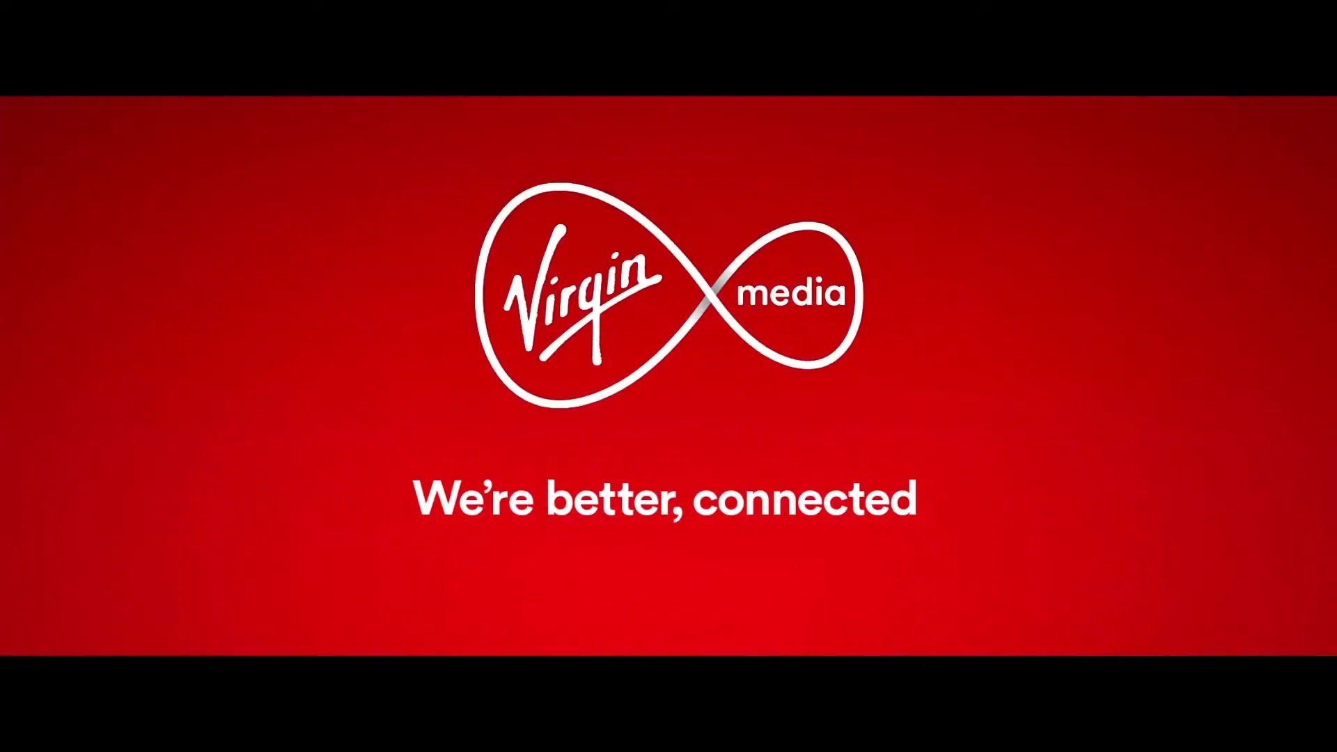 The Virgin Media logo and tagline "We're better, connected" appear on a vibrant red background with subtle light effects.
