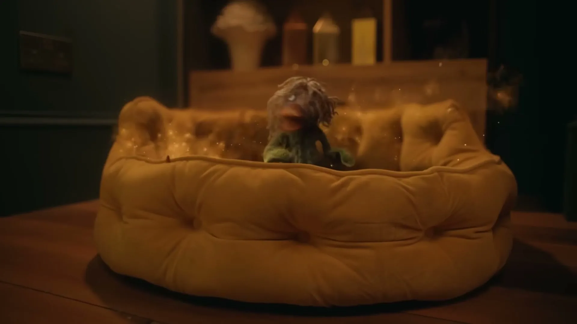 A green duck puppet with shaggy hair magically appears in a yellow dog bed, looking around curiously in a dimly lit room.