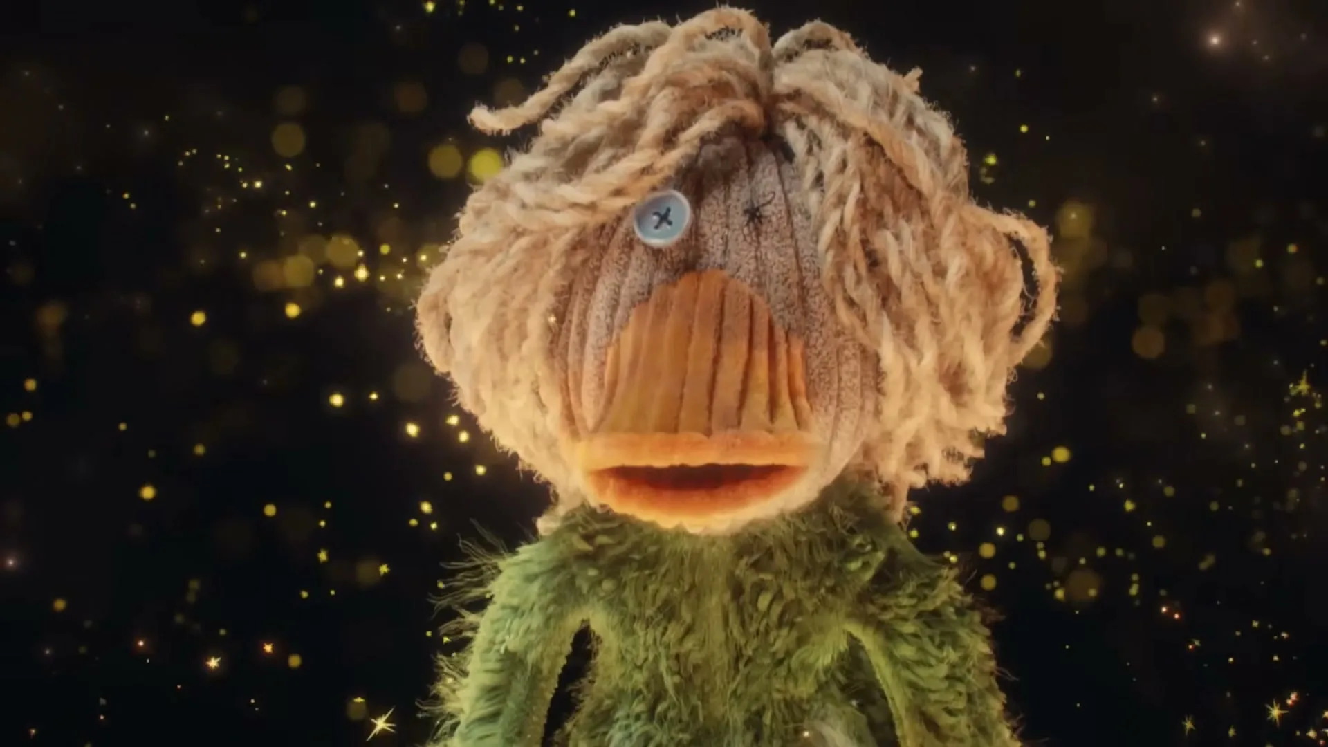 A handmade, green and beige duck puppet with yarn hair and a button eye looks around, surrounded by golden sparkles on a dark background.