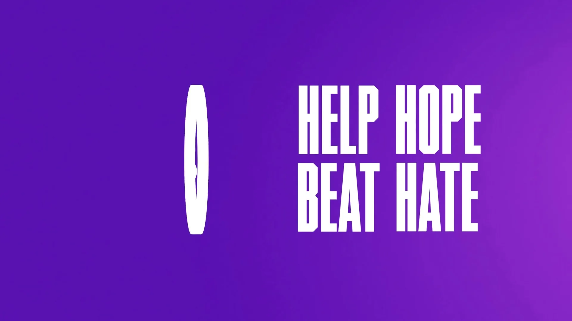 The BT logo transforms into the Hope United logo, with the text "HELP HOPE BEAT HATE" appearing on a purple background.