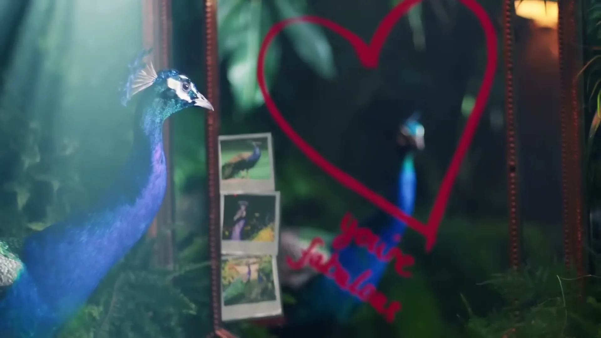 A peacock looks at its reflection in a mirror, which has a red heart and the words "You're Fabulous" written on it, surrounded by lush green foliage.