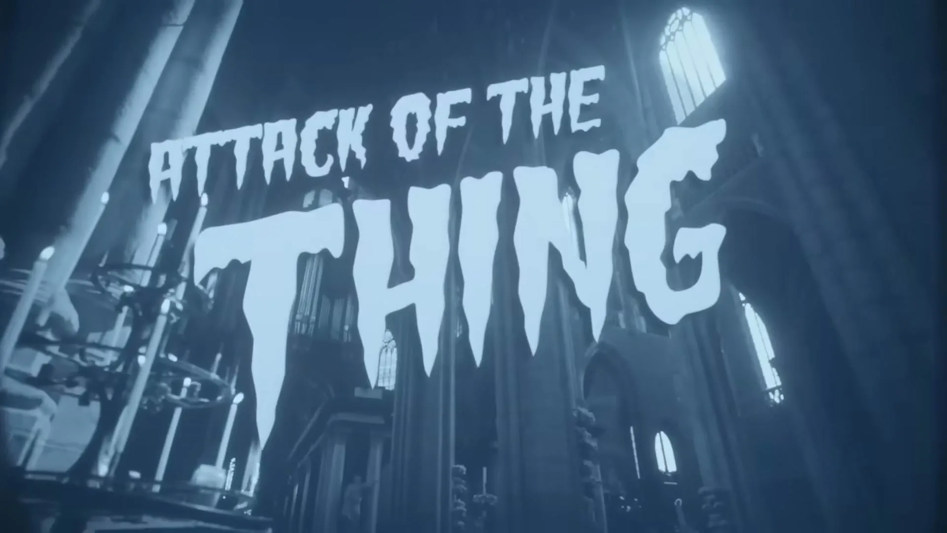 A wide shot of a gothic church interior with bright light streaming through windows, then a title card for "ATTACK OF THE THING" appears, followed by a shot of an old TV displaying the title card.