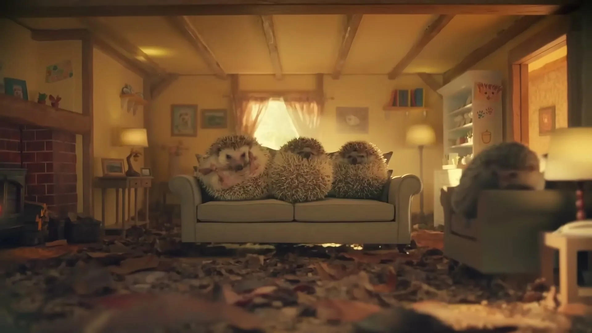 Three hedgehogs sit on a sofa in a cozy living room, covered in autumn leaves, with one hedgehog looking directly at the camera.