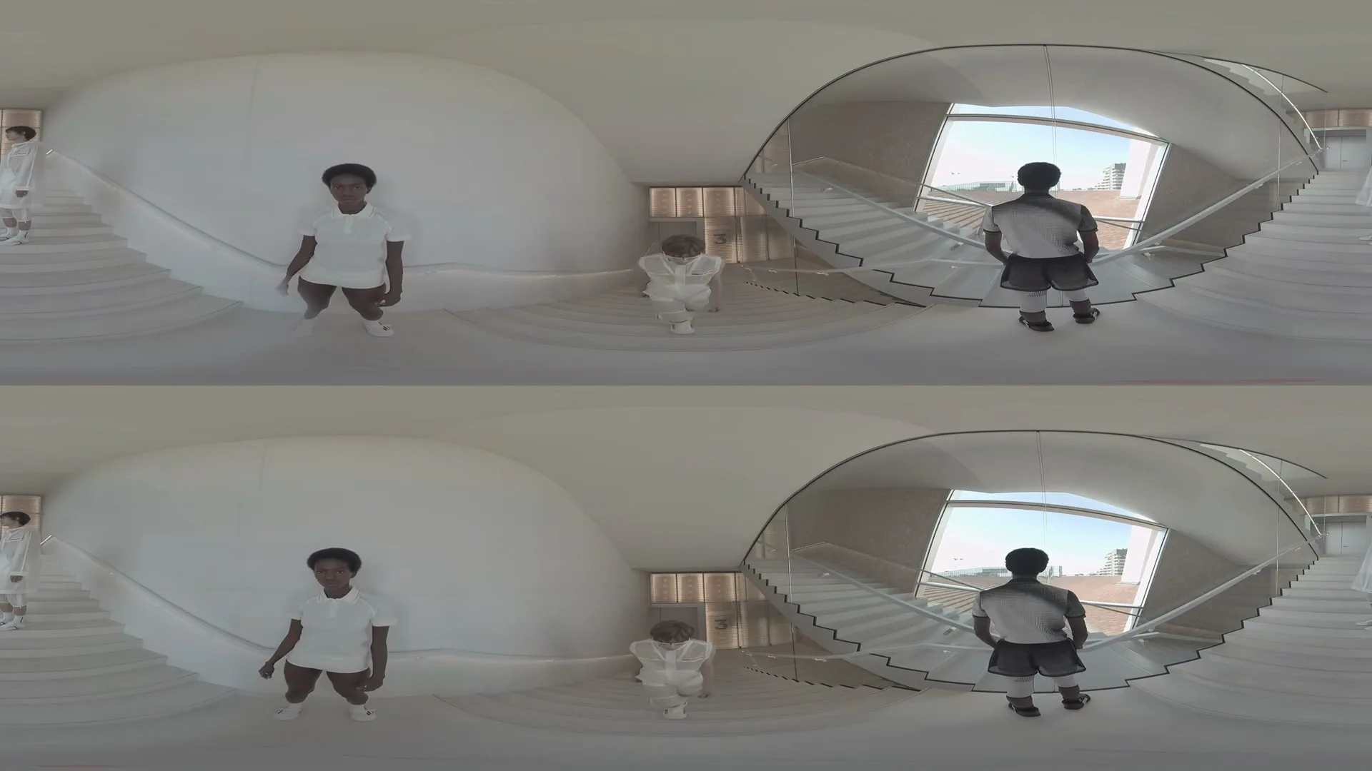 A 360-degree view of a modern, minimalist white interior with three models in white outfits posing on stairs and a landing.