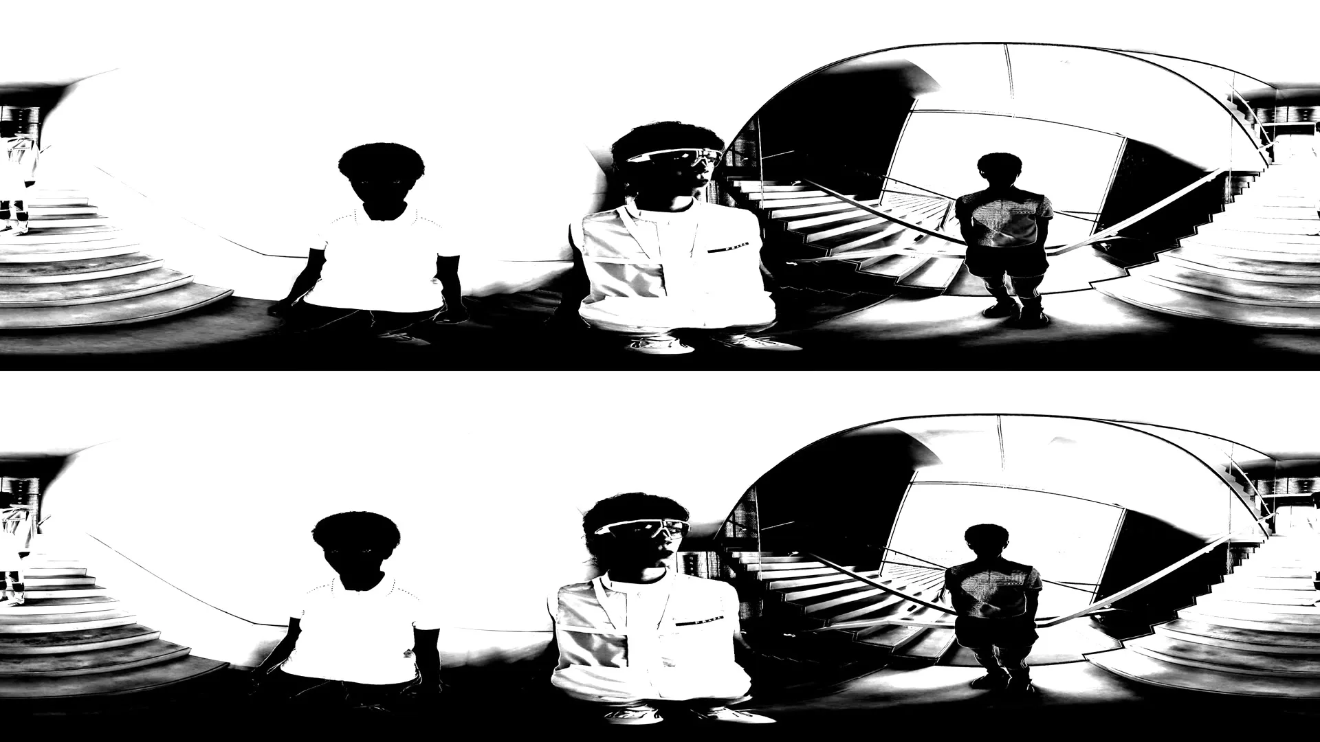 Three young men in white shirts and dark pants are seen in a distorted, high-contrast black and white image, standing in a modern, minimalist interior with a spiral staircase.