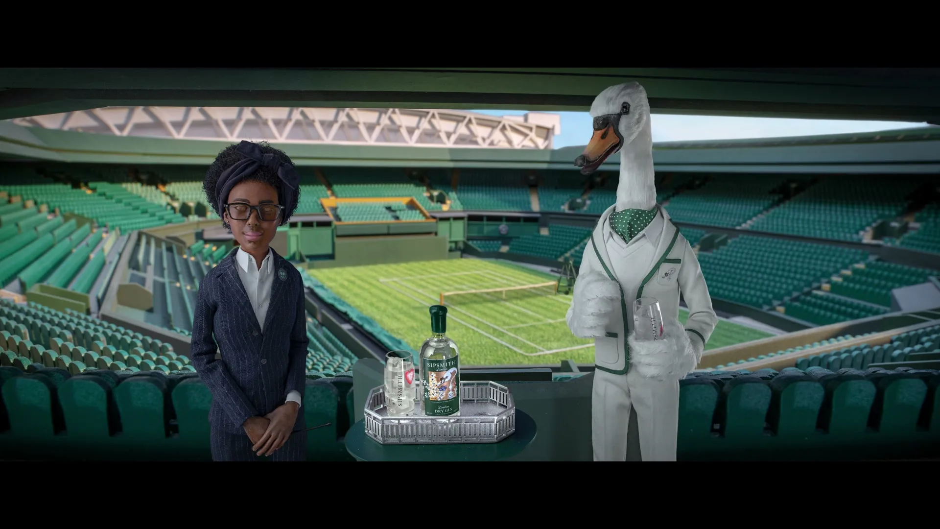 A woman with an afro and glasses stands next to a swan in a suit, with a bottle of Sipsmith Gin on a tray between them, overlooking a tennis court.