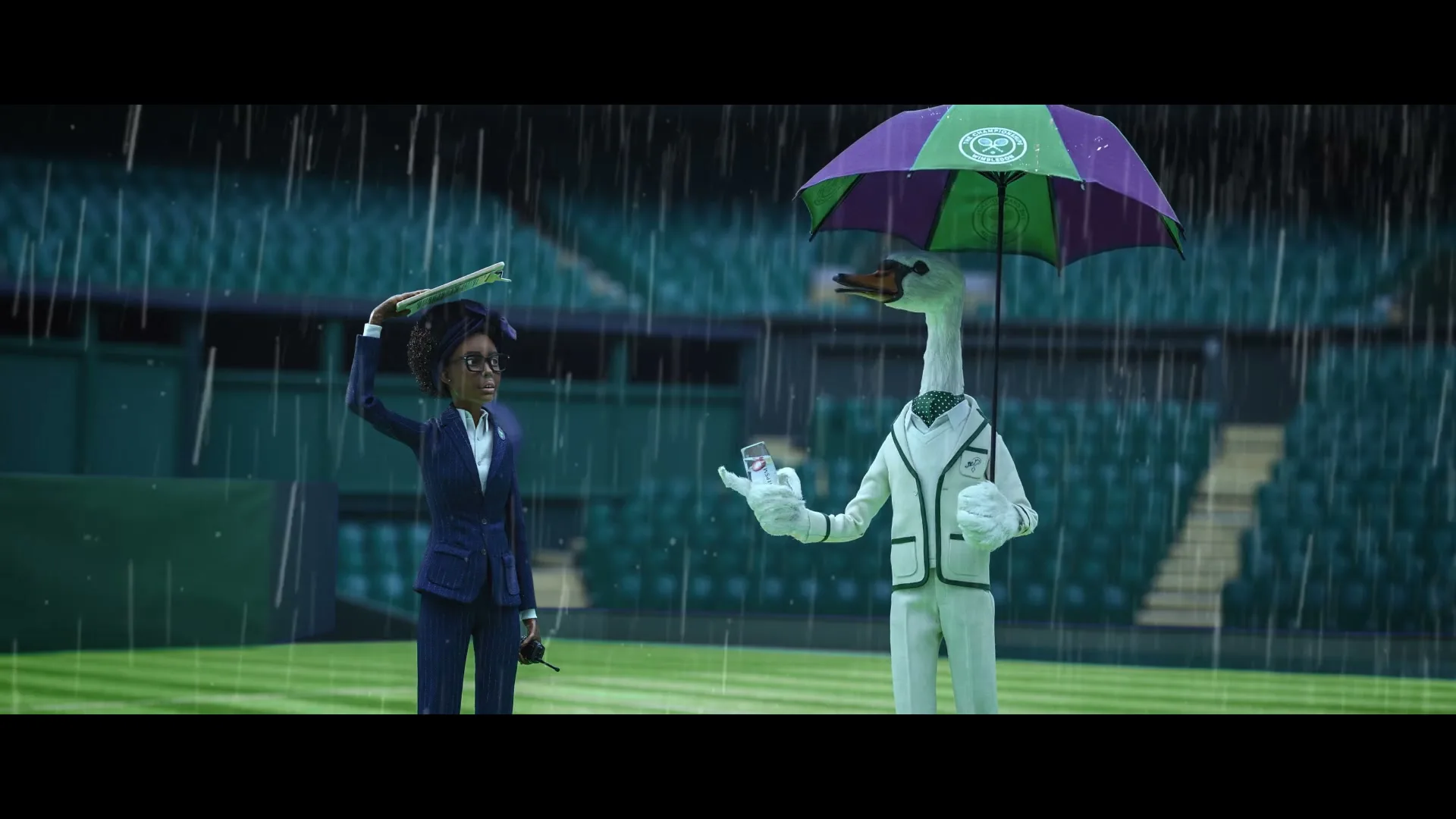 A female umpire in a suit holds a newspaper over her head in the rain, next to a swan in a tennis uniform holding an umbrella and a small bottle of gin on a tennis court.