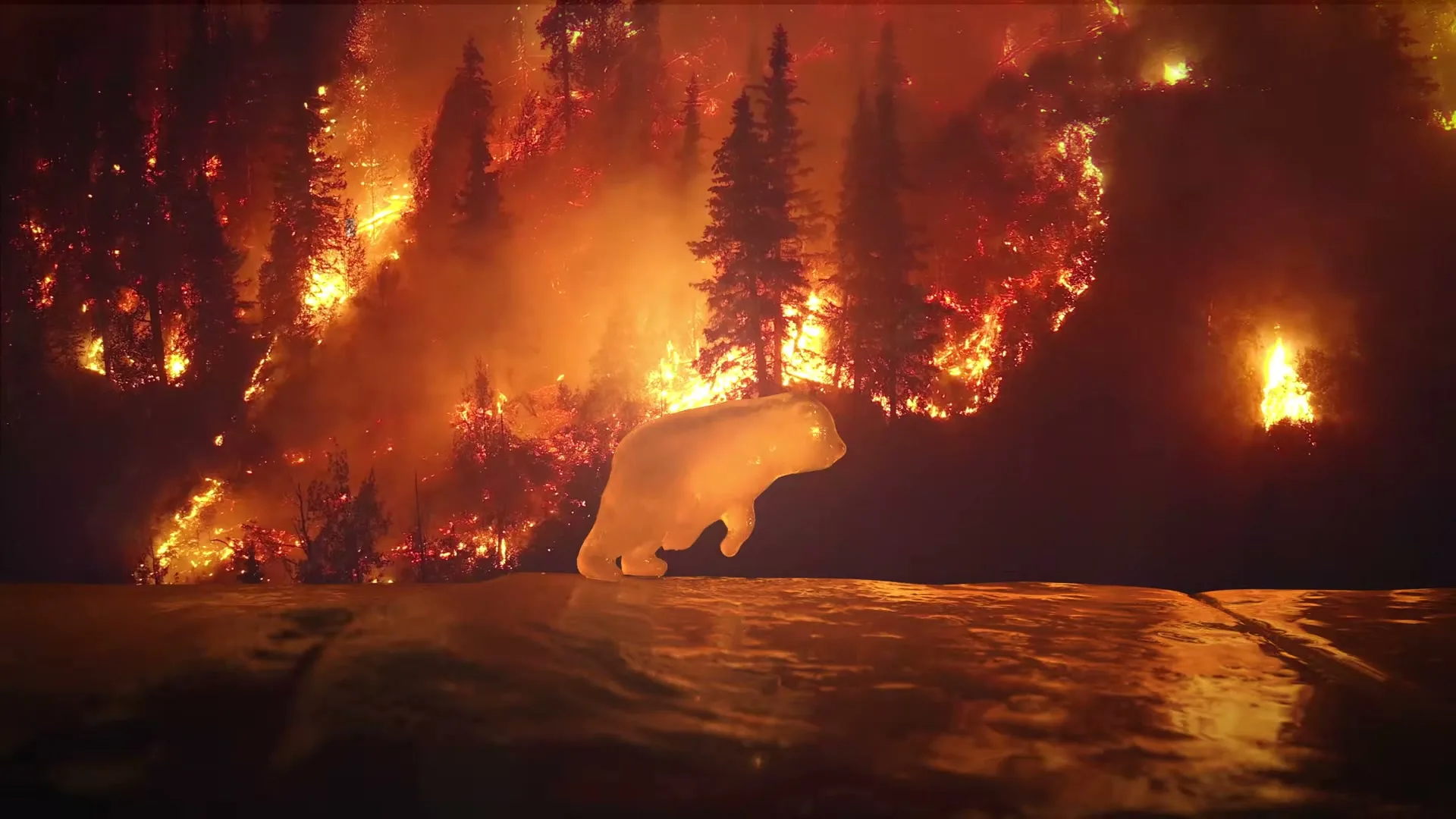 An ice sculpture of a polar bear melts on a dark surface, with a forest fire raging in the background under a dark sky.