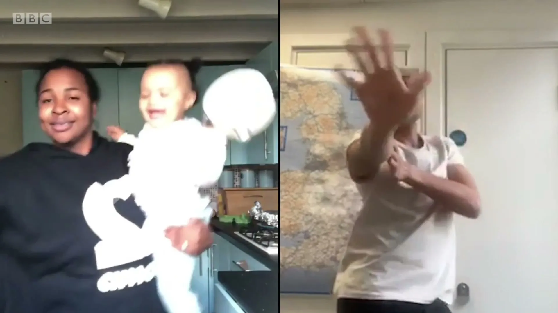 A split screen shows a woman holding a baby in a kitchen, and a man dancing in a room, both smiling and moving energetically.
