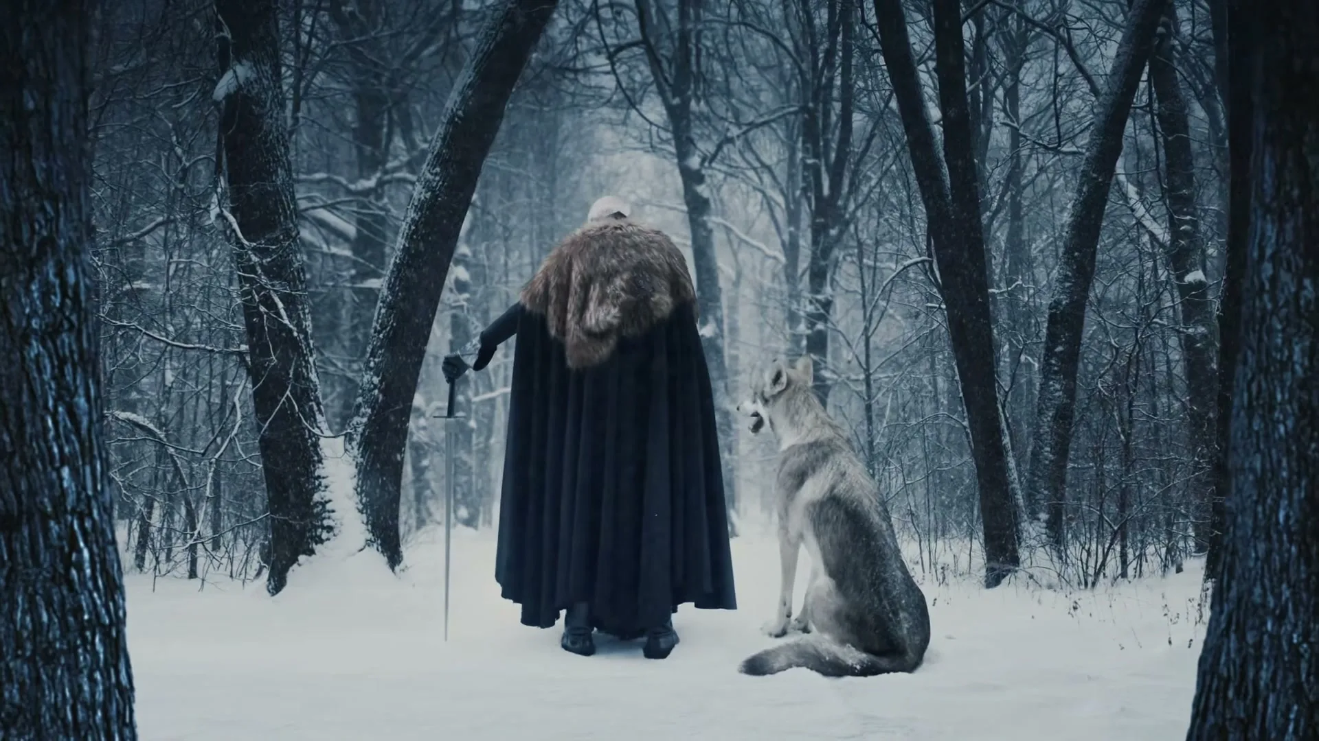A man in a fur-trimmed cloak and a wolf stand in a snowy forest, looking into the distance.