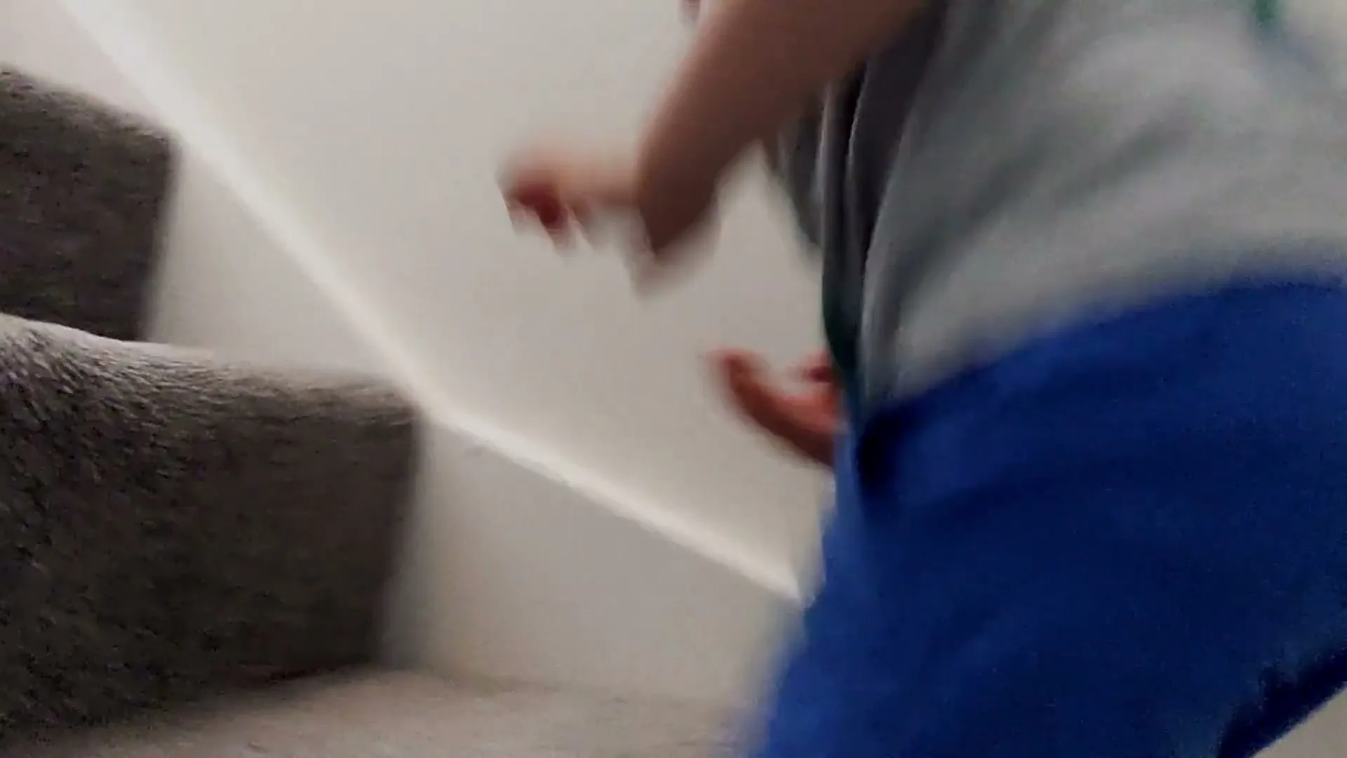 A child in blue shorts and a grey t-shirt crawls up a carpeted staircase, with a blurred motion suggesting quick movement.