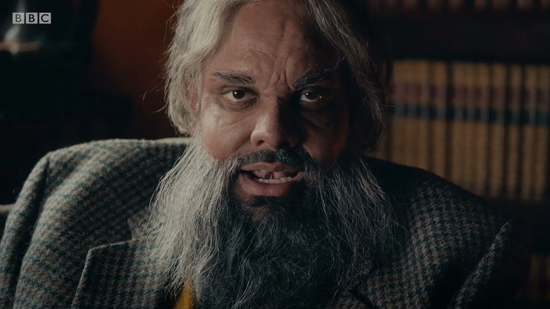A man with a long white beard and grey hair, wearing a tweed jacket, looks directly at the camera in a dimly lit room with bookshelves.