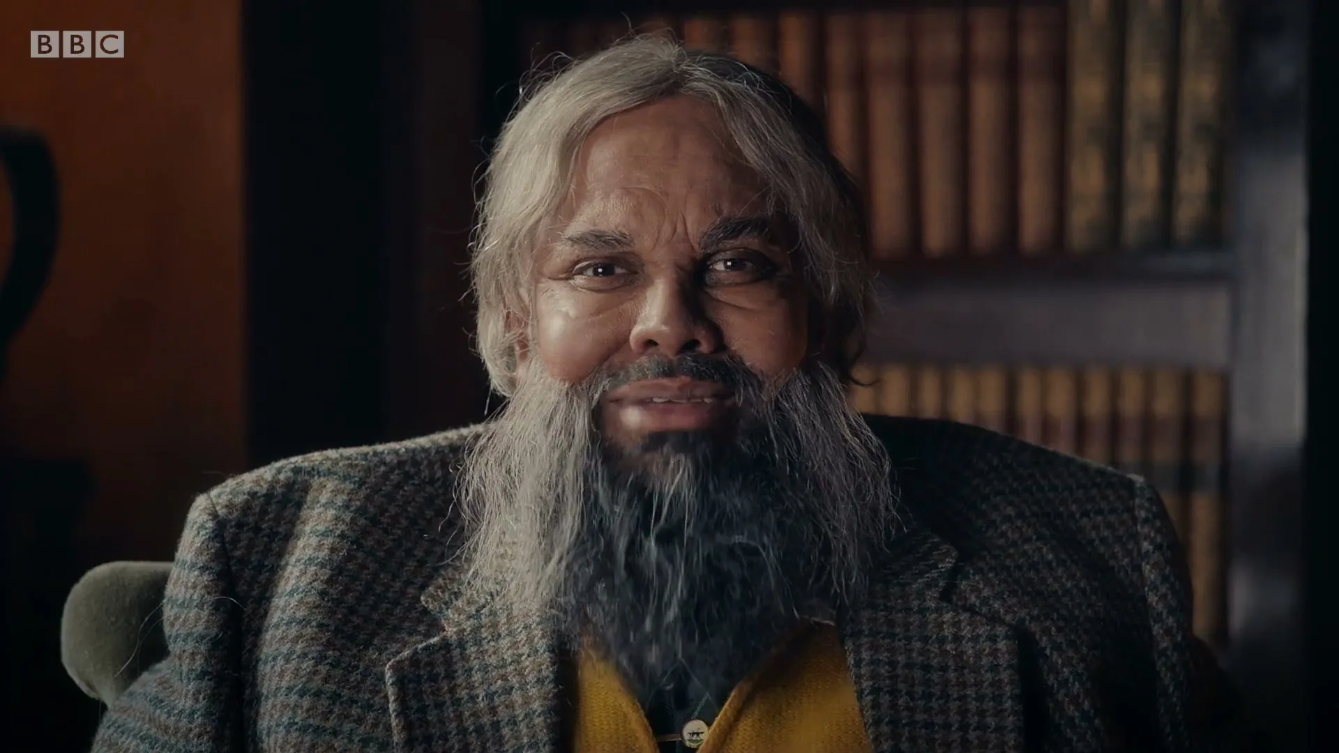 A man with a long grey beard and hair, wearing a tweed jacket, sits in a chair and speaks directly to the camera in a dimly lit room with bookshelves.