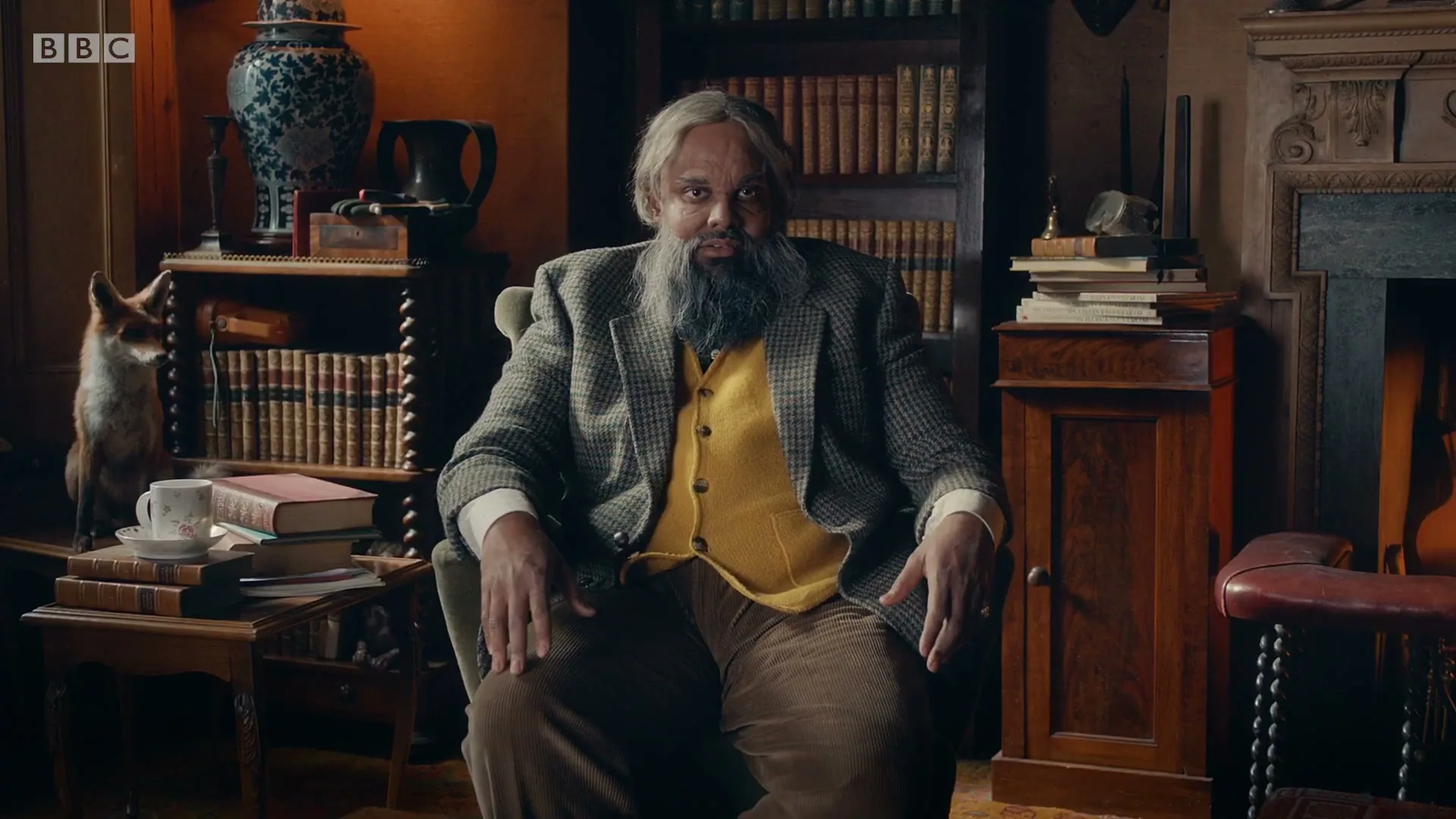 A man with a long grey beard and hair, wearing a tweed jacket and yellow vest, sits in an armchair in a dimly lit study, gesturing with his hands.