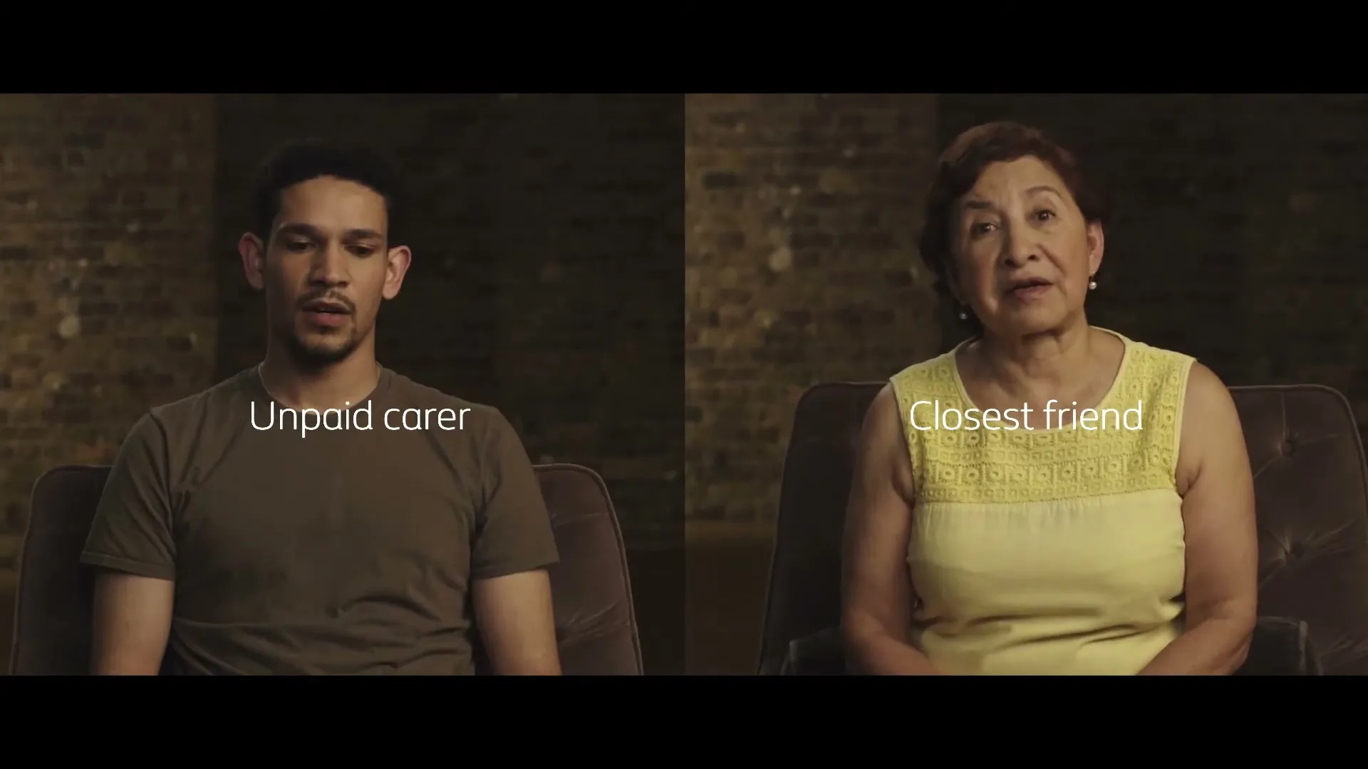 A split screen shows a young man on the left and an older woman on the right, both sitting and speaking to the camera in a dimly lit room.