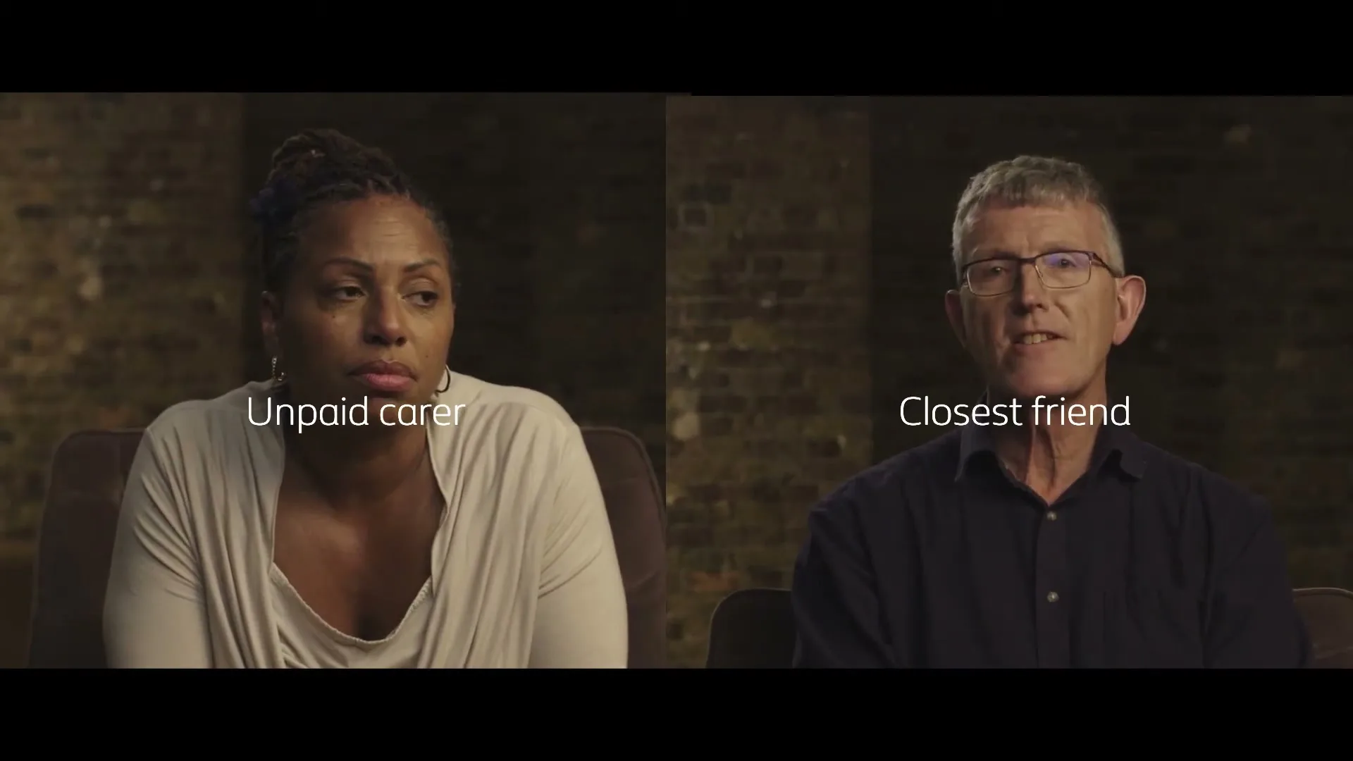 A split screen shows a woman on the left and a man on the right, both looking off-camera and speaking in an interior setting.