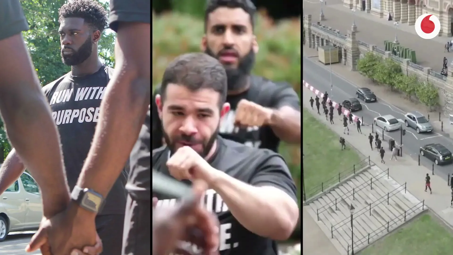 A split screen shows three different shots: two men in black t-shirts holding hands, a man in a black t-shirt punching, and a group of people running on a street.