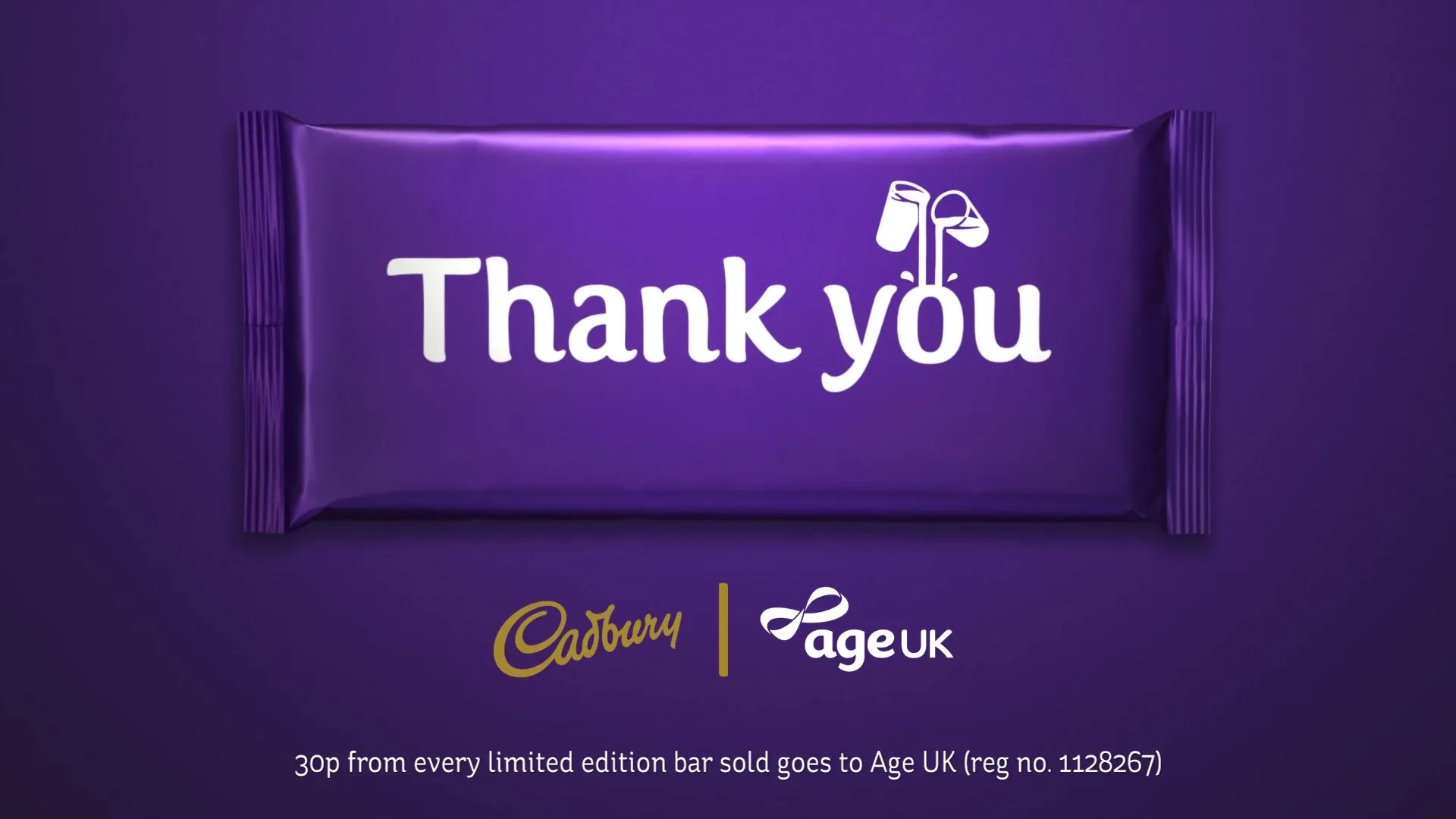A purple Cadbury chocolate bar wrapper with the words "Thank you" and the Cadbury and Age UK logos appears on a purple background, with additional text appearing below.