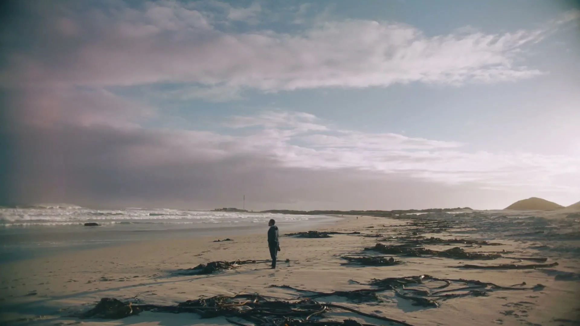 A lone person stands on a vast, sandy beach littered with seaweed, gazing out at the ocean under a dramatic sky.
