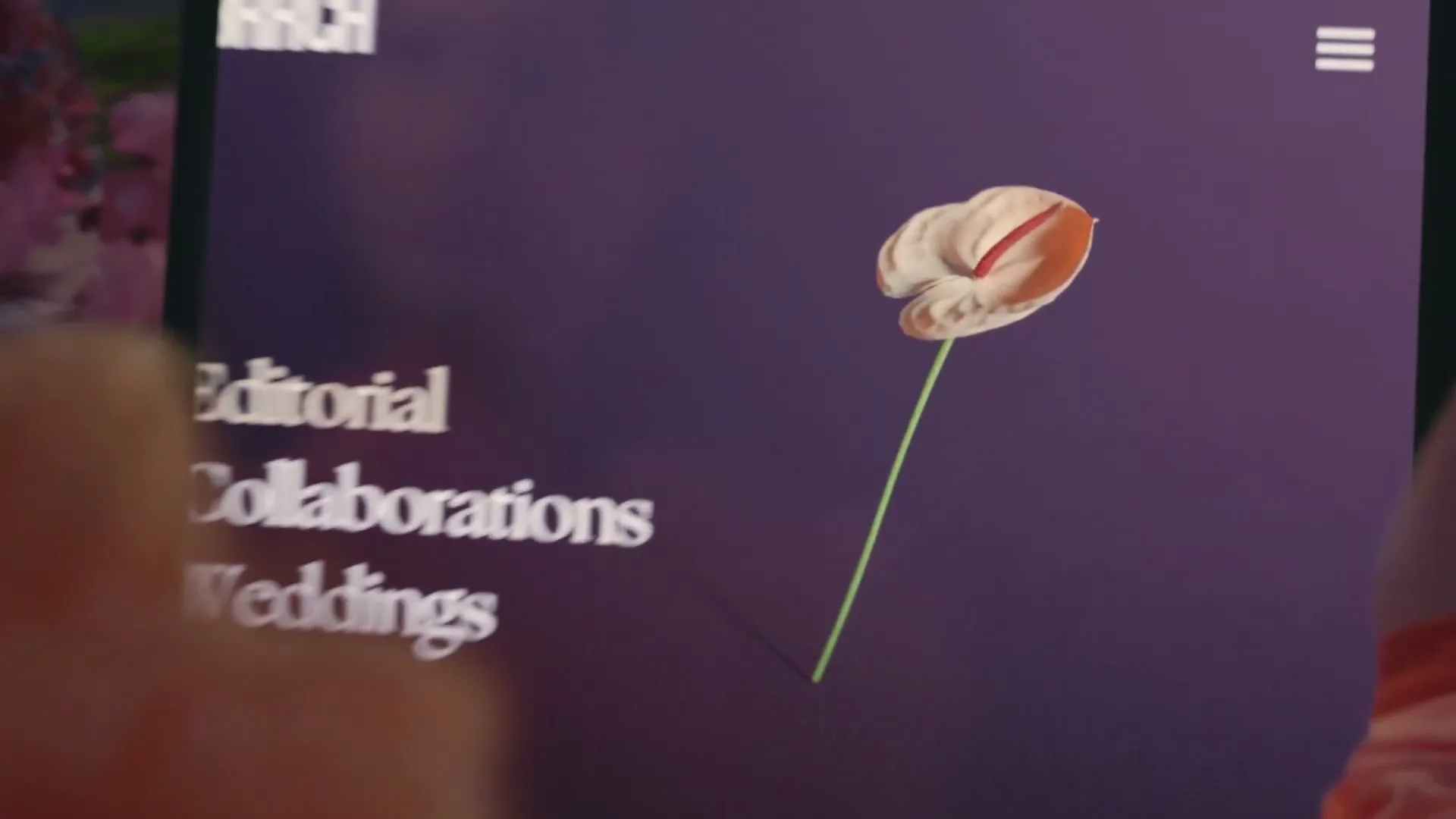 A person in a peach-colored top uses a tablet to browse a website with a purple background and a white flower, then the camera zooms into the flower.