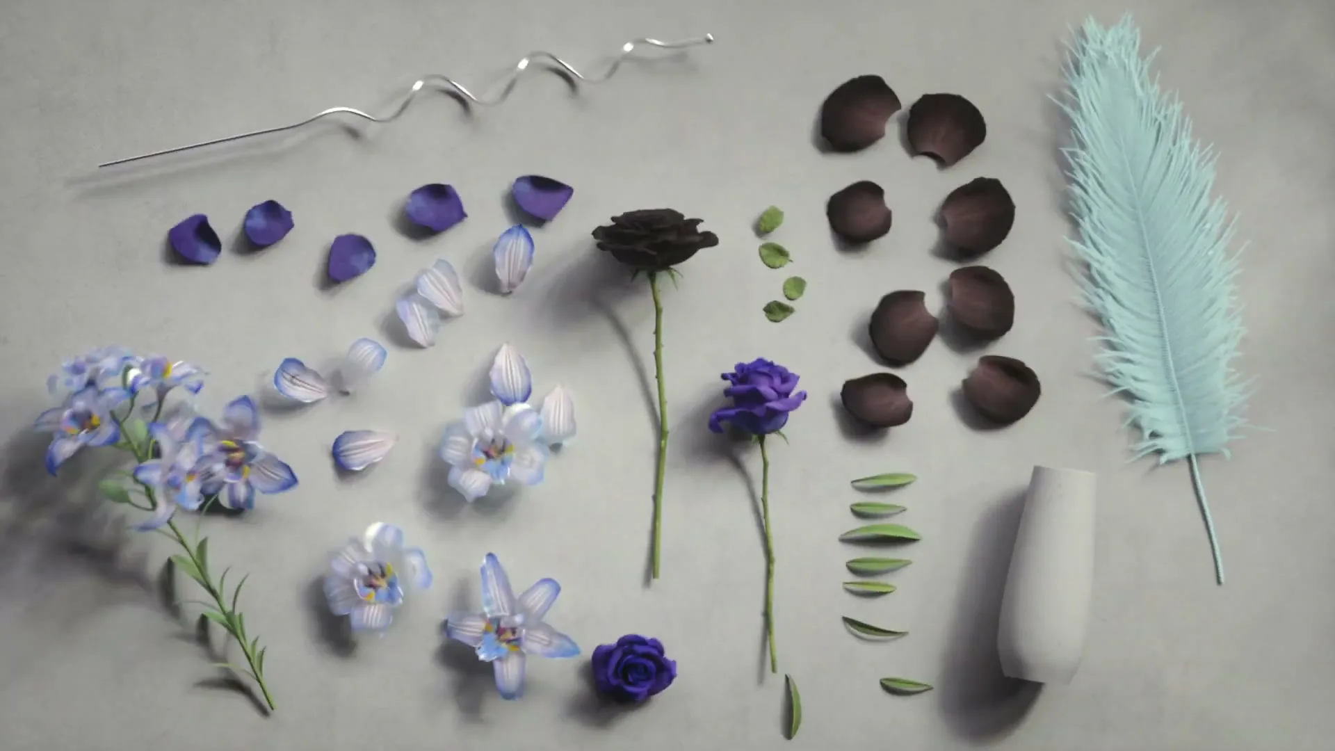 Various flower petals, leaves, and stems, along with a feather and a vase, are arranged on a light gray surface, then assemble into flowers.