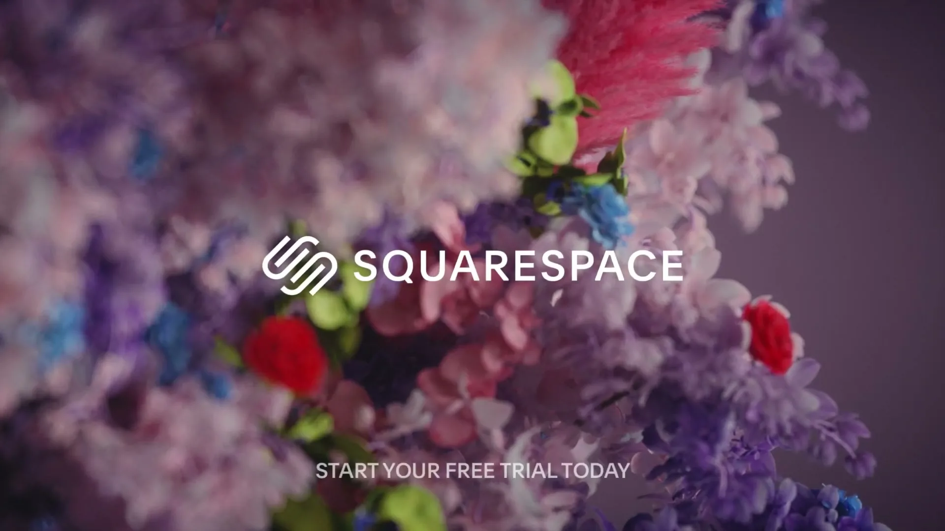 The Squarespace logo and text "START YOUR FREE TRIAL TODAY" appear over a blurred background of colorful, fluffy, organic shapes.