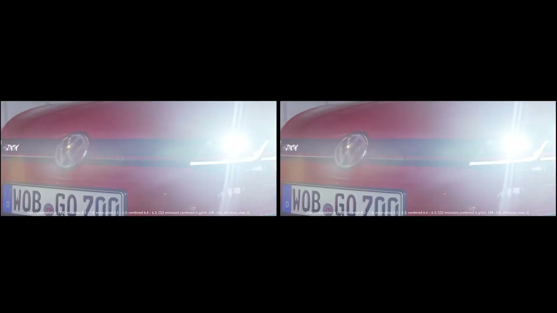 A red Volkswagen car with its headlights on is shown in a close-up shot, with a license plate visible at the bottom of the frame.