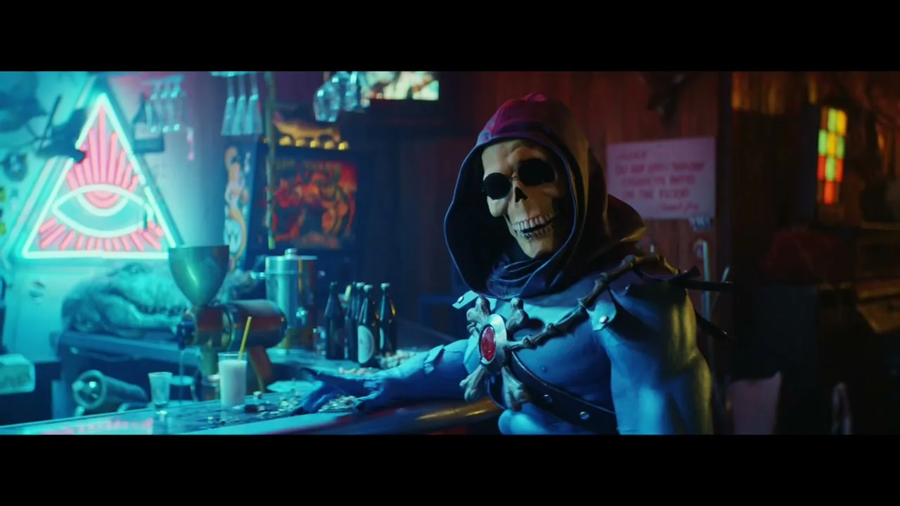 Skeletor, a blue-skinned villain with a skull face and dark hood, leans on a bar counter in a dimly lit, neon-accented bar.