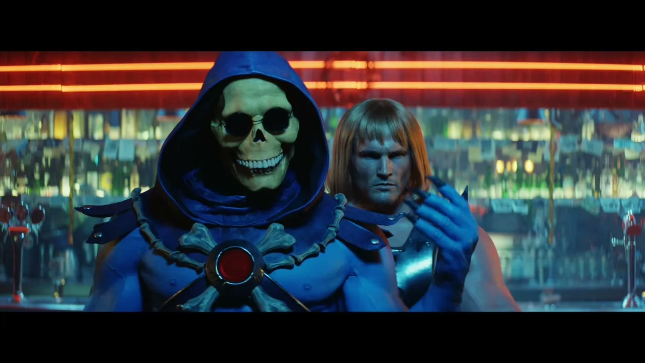 Skeletor, wearing a blue hooded costume and sunglasses, dances with He-Man in a bar with neon lights and bottles in the background.