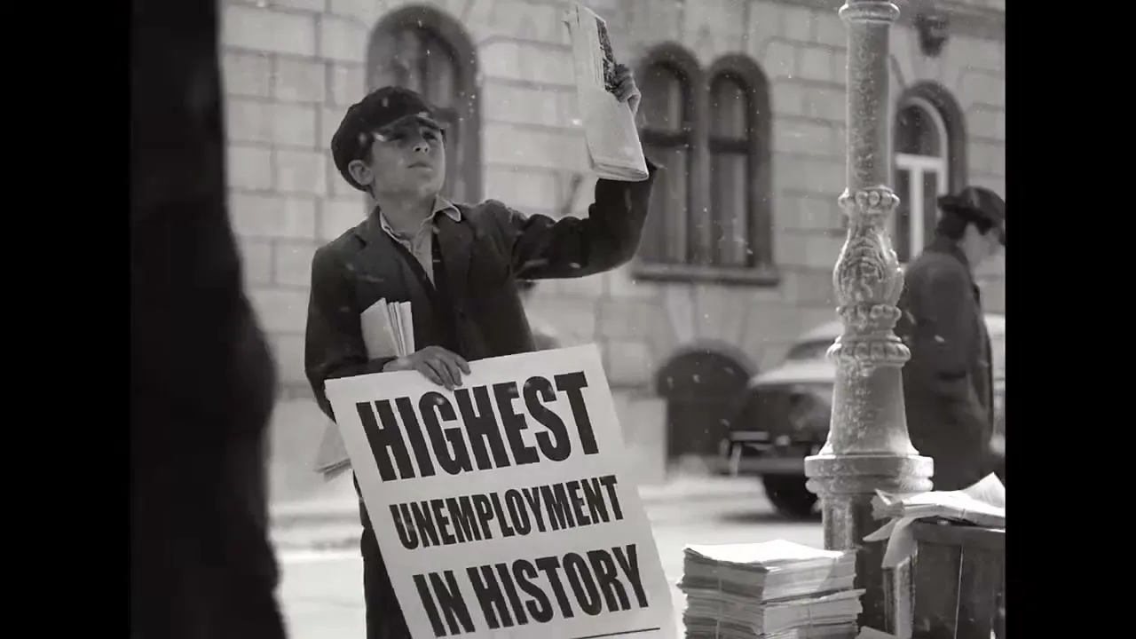A young newsboy in a cap and coat shouts while holding up a newspaper and a sign about unemployment on a snowy street.