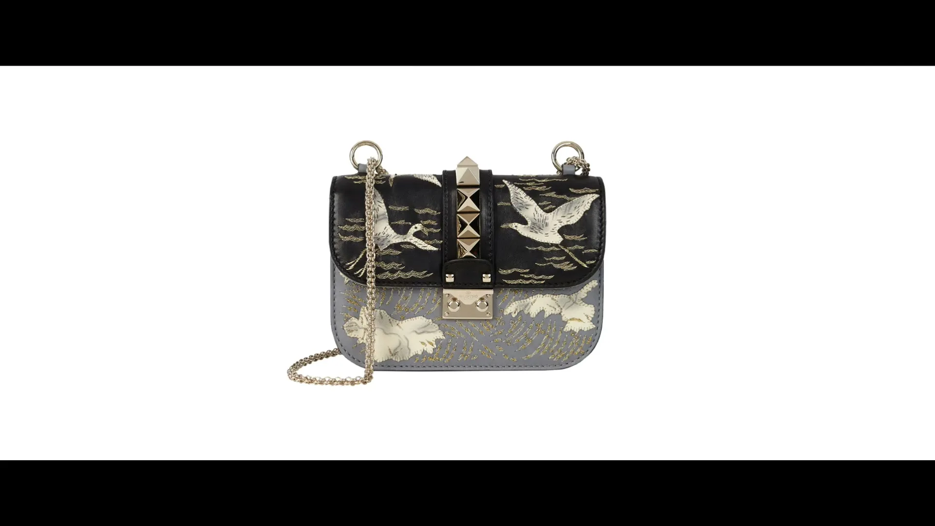 A white screen with black text transitions to a black and grey handbag, then to a white sneaker with red and yellow flames, all against a white background.