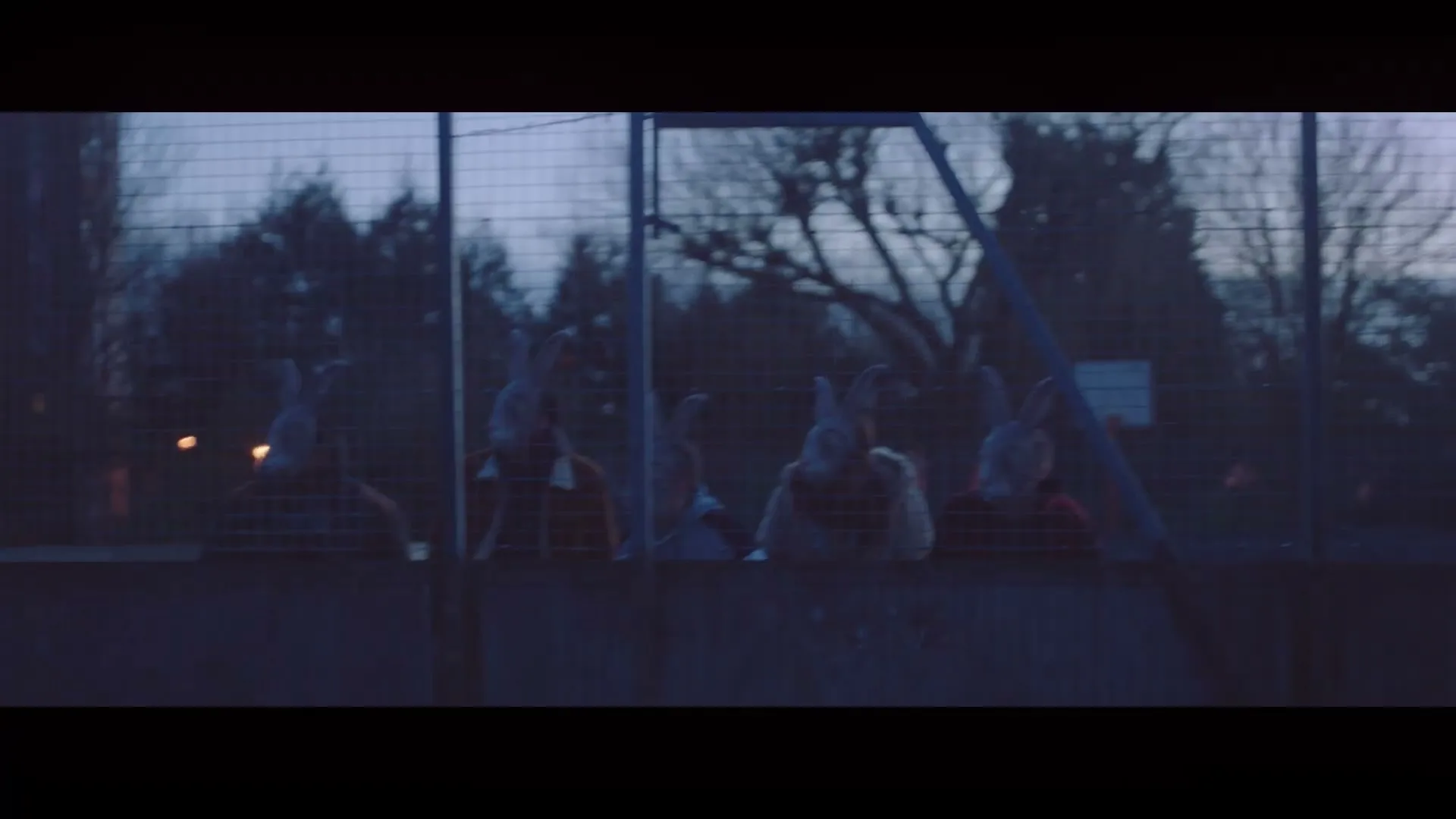A group of young people wearing rabbit masks are seen behind a fence, then walk away from it on a street at dusk.