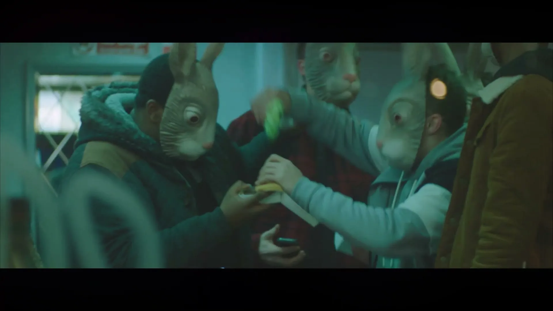 A group of young men wearing rabbit masks are seen through a window, one of them attempting to open a book, at night.
