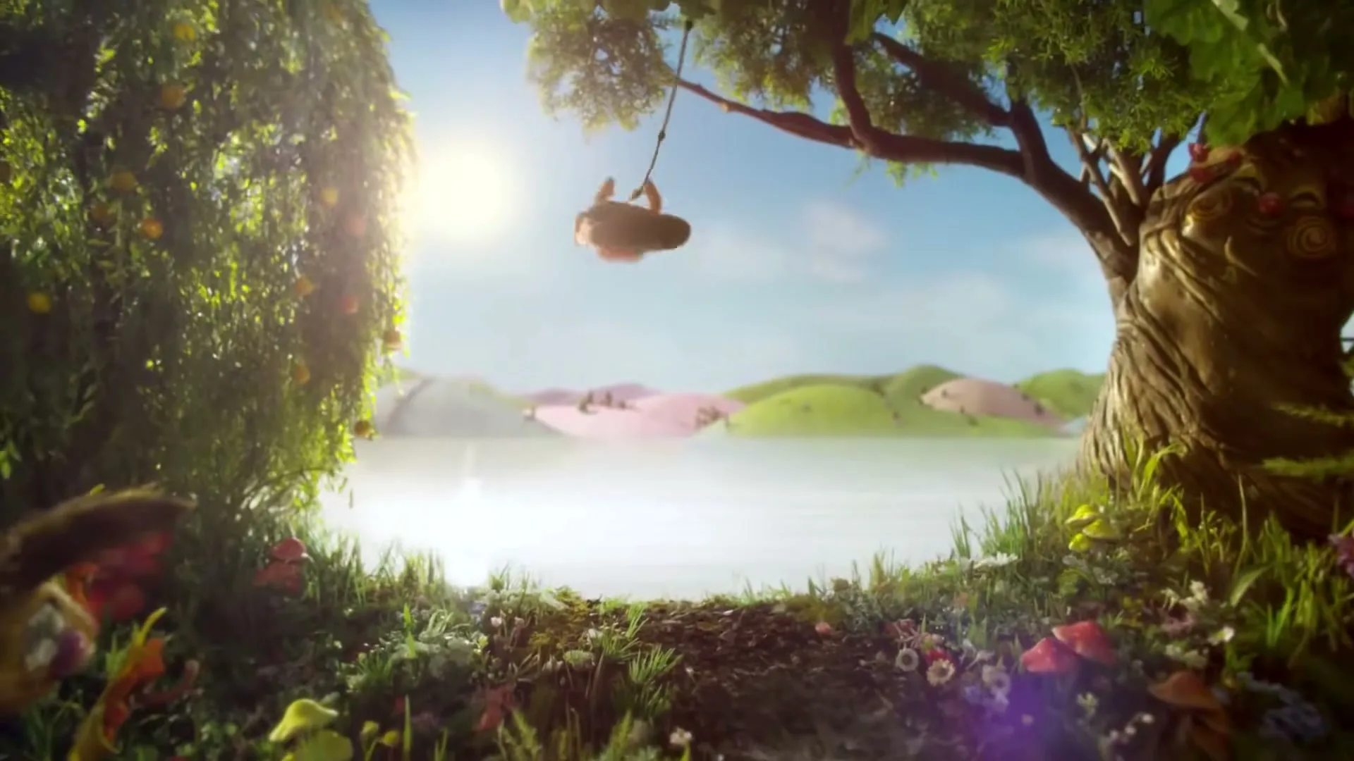 A small, brown, biscuit-like character swings on a rope swing over a reflective body of water in a lush, fantastical landscape.