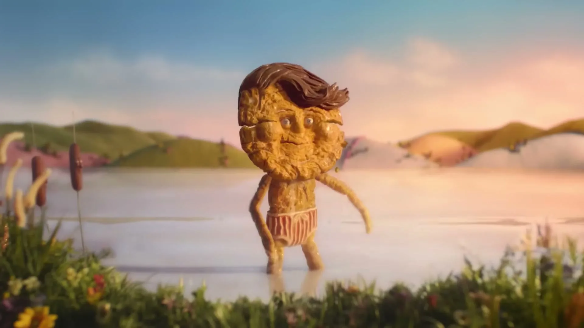 A stop-motion animated biscuit boy with chocolate hair and striped underwear stands in a lake, then dips into the water as his chocolate hair melts.