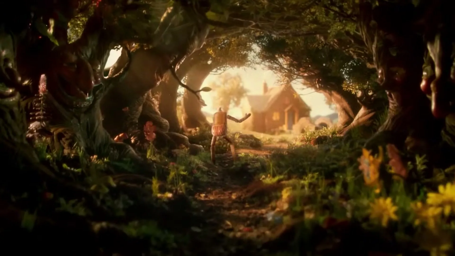 A gingerbread man with a missing leg runs through a magical forest towards a cottage in the distance, with sunlight filtering through the trees.