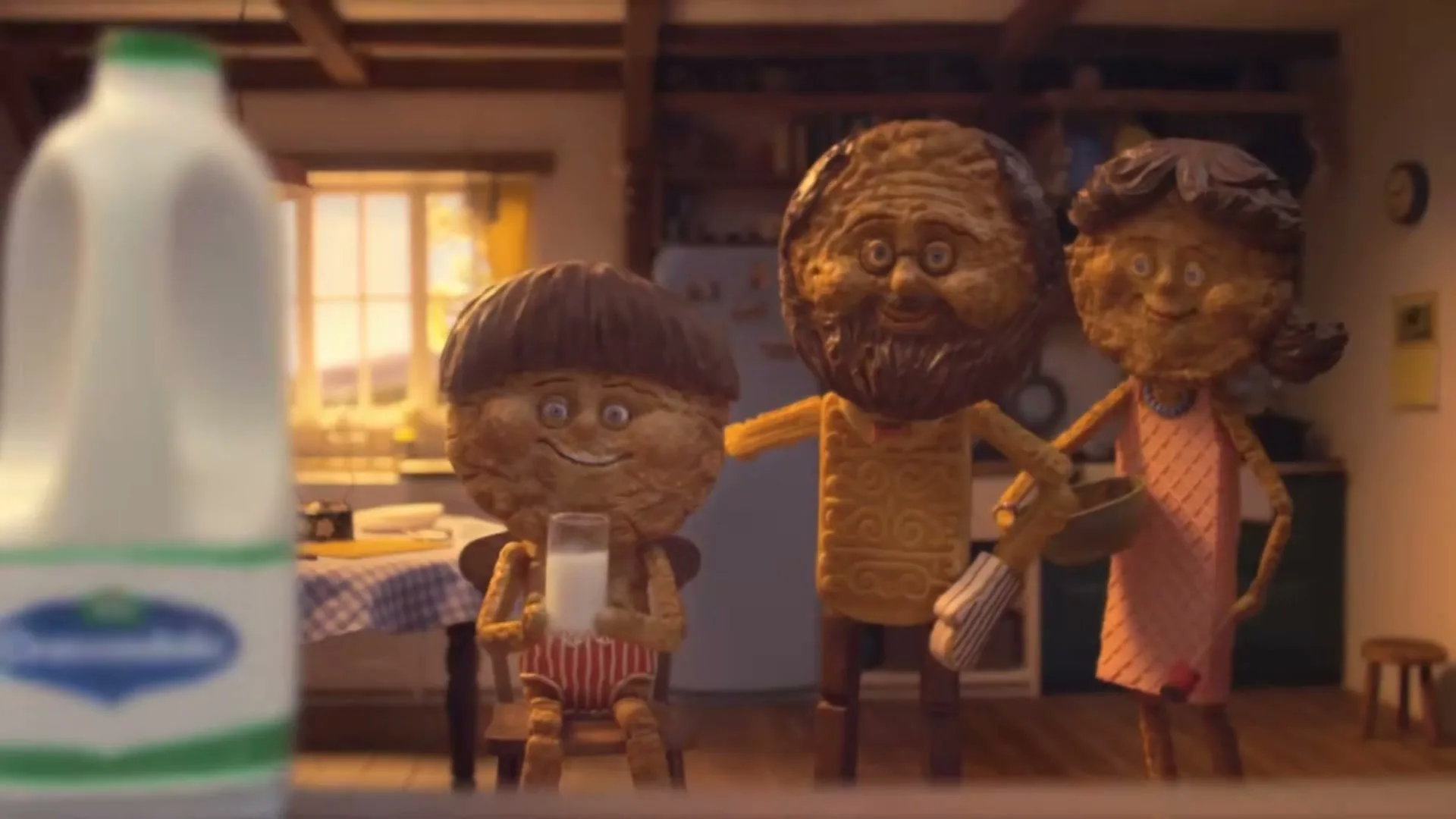 A family of biscuit characters, including a child, father, and mother, are in a kitchen, with the child drinking milk and the father holding a biscuit.