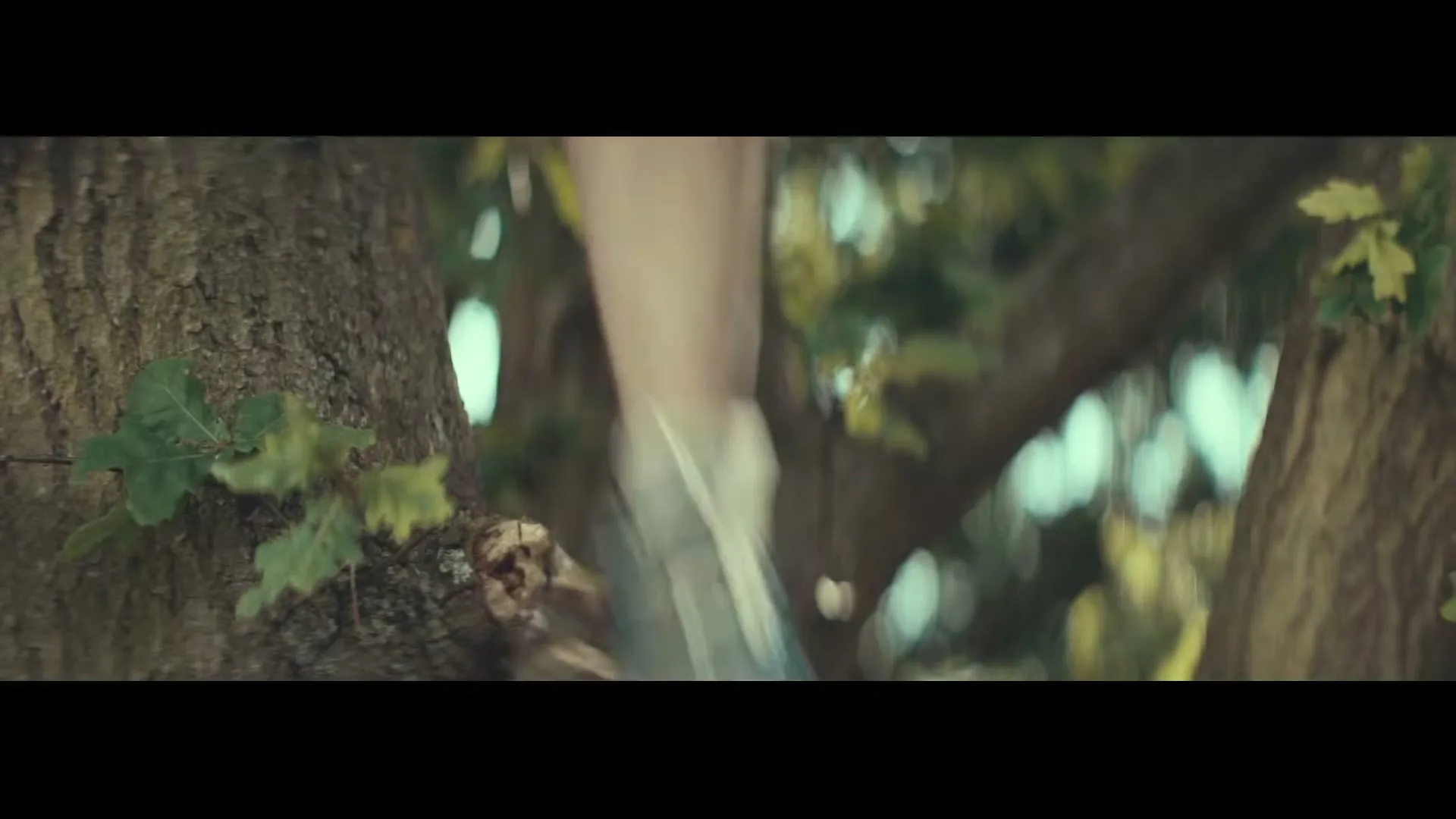 A child's foot in a grey sneaker steps on a tree branch, then slips off, revealing their bare leg as they fall.