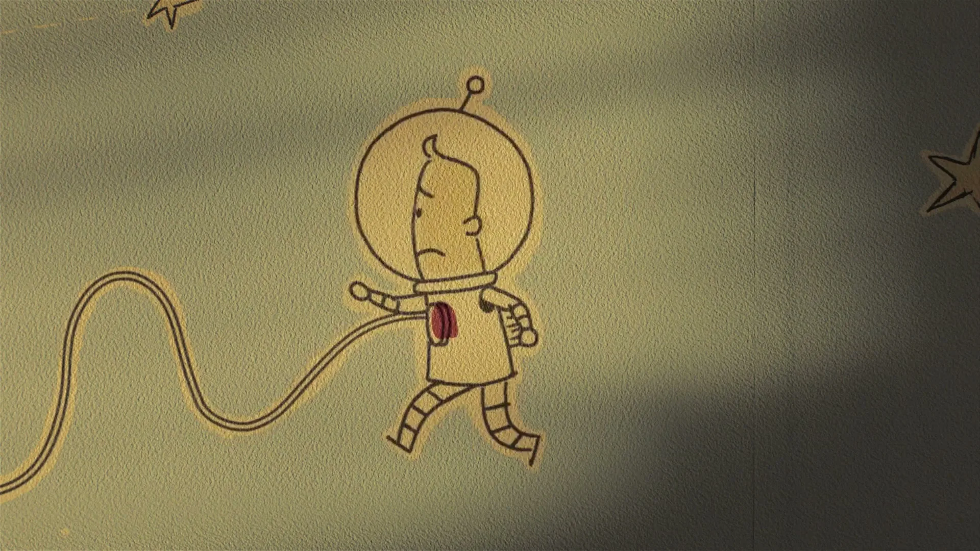A cartoon astronaut with a sad expression floats in space, tethered by a wavy line, against a dark background with stars.