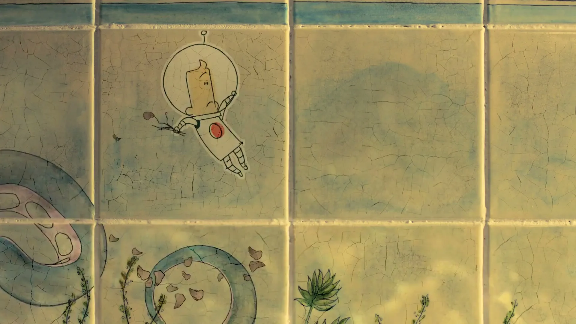 A cartoon astronaut sticker floats across a tiled wall with painted floral designs, as if in zero gravity.