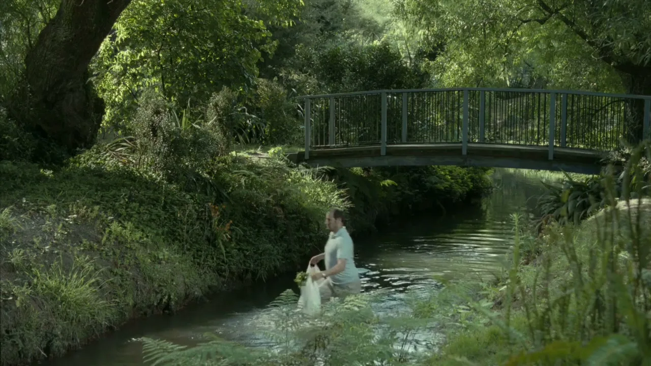 A man in a polo shirt and shorts wades through a shallow stream, carrying a white bag, under a small bridge in a lush green park.