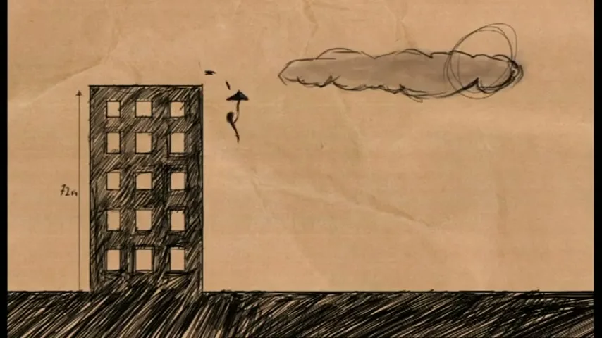 A crudely drawn stick figure with an umbrella jumps off a tall building, with a cloud in the sky, on a brown paper background.