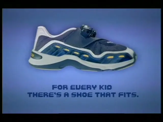 Five different children's shoes are displayed on a blue background, then one shoe is highlighted with text appearing below it.